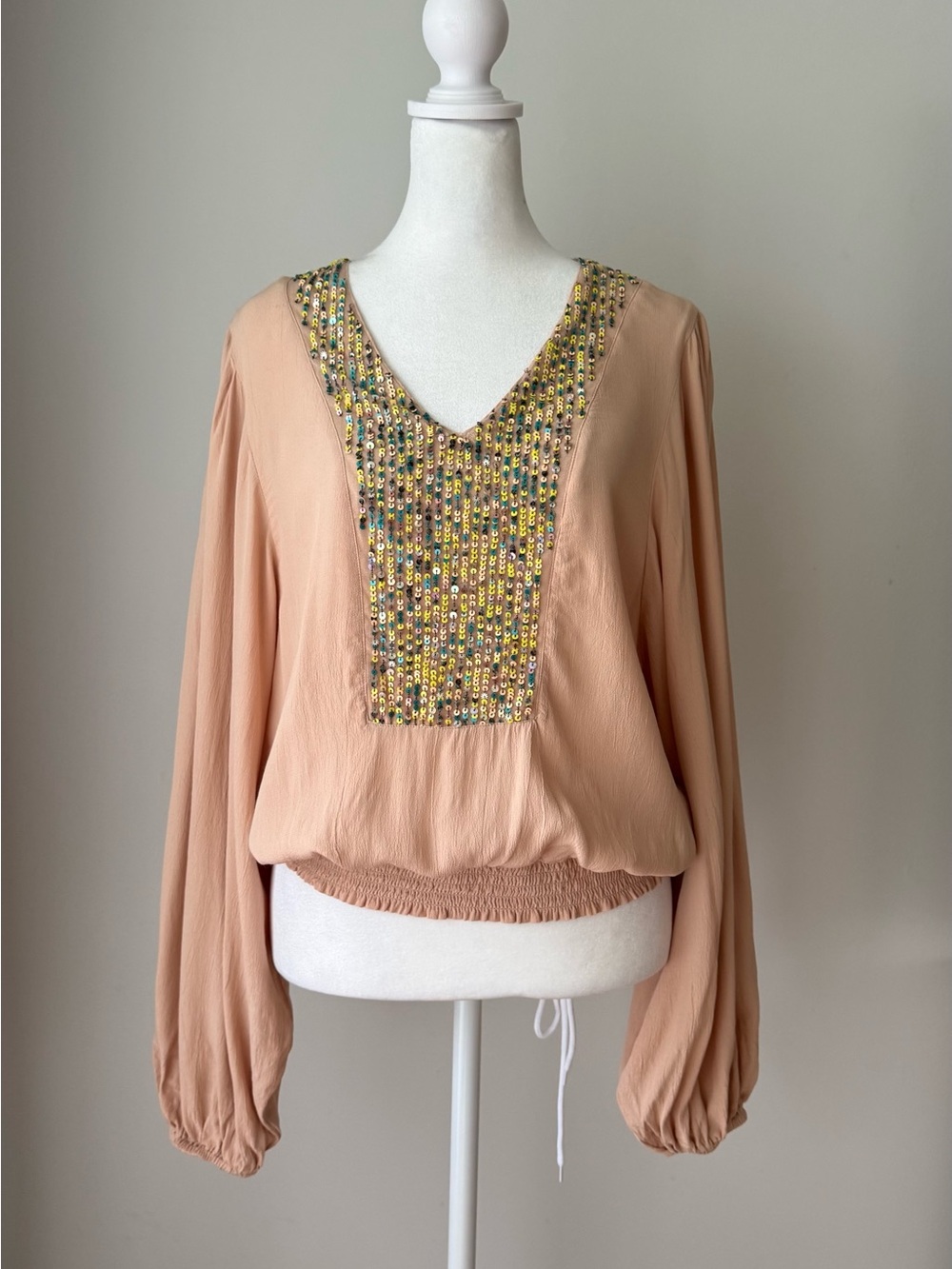 Maeve Anthropologie Blush Sequin V-Neck Blouse Long Sleeve Size Small